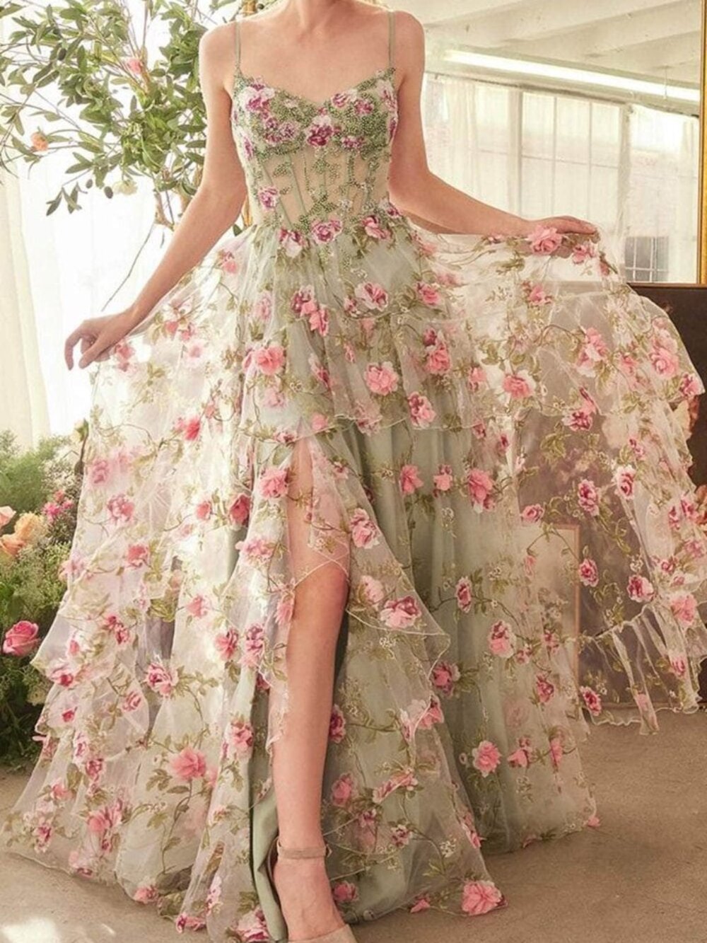 Floral Embroidered Green Prom Dress with Pink Appliqué
